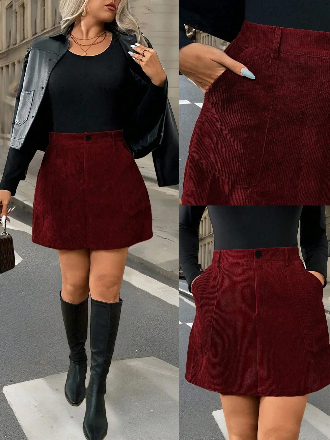 Plus Size Women's Corduroy A-Line Zipper Pocket Dress, Christmas Skirt Short, Ladies Wine Color Long Dress, Casual, Fashionable, Comfortable and Fit, High Waist Skirts