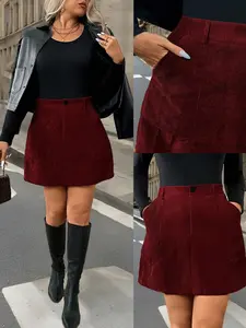 Plus Size Women's Corduroy A-Line Zipper Pocket Dress, Christmas Skirt, Ladies Wine Color Long Dress, Fashionable, Comfortable and Fit