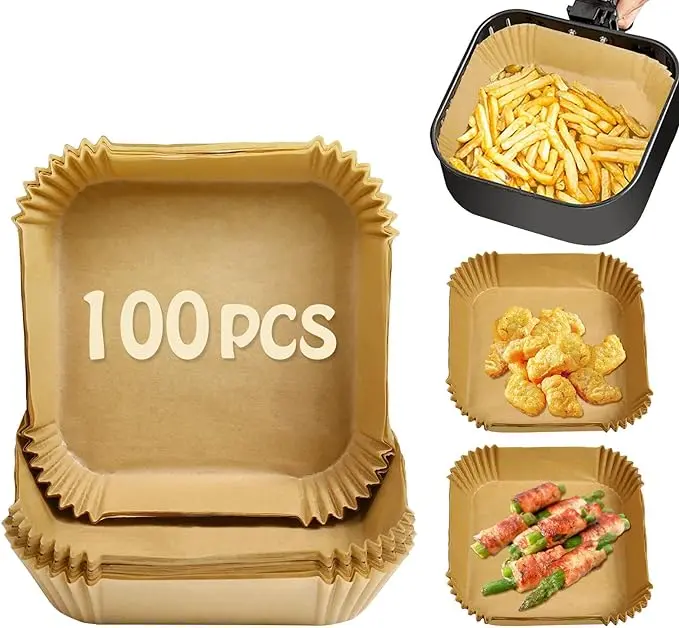 100PCS Air Fryer Paper Liners, unbleached and biodegradable material, disposable non-stick parchment paper for frying, baking, roasting and grilling.
