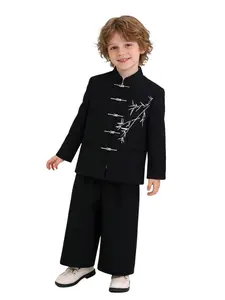 Boys' Traditional Chinese Costume Set, Embroidered Mandarin Collar Jacket, Ethnic Style, Long Sleeve, Fitted, All Seasons, Performance Wear