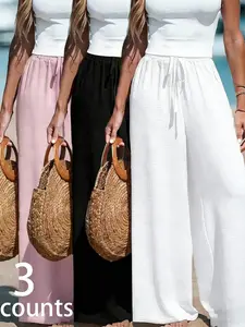 Women's 3-Pack Elastic Waist Wide Leg Lounge Pants, Soft High Waist Trousers for Comfortable Daily Wear, Casual Loose Pants