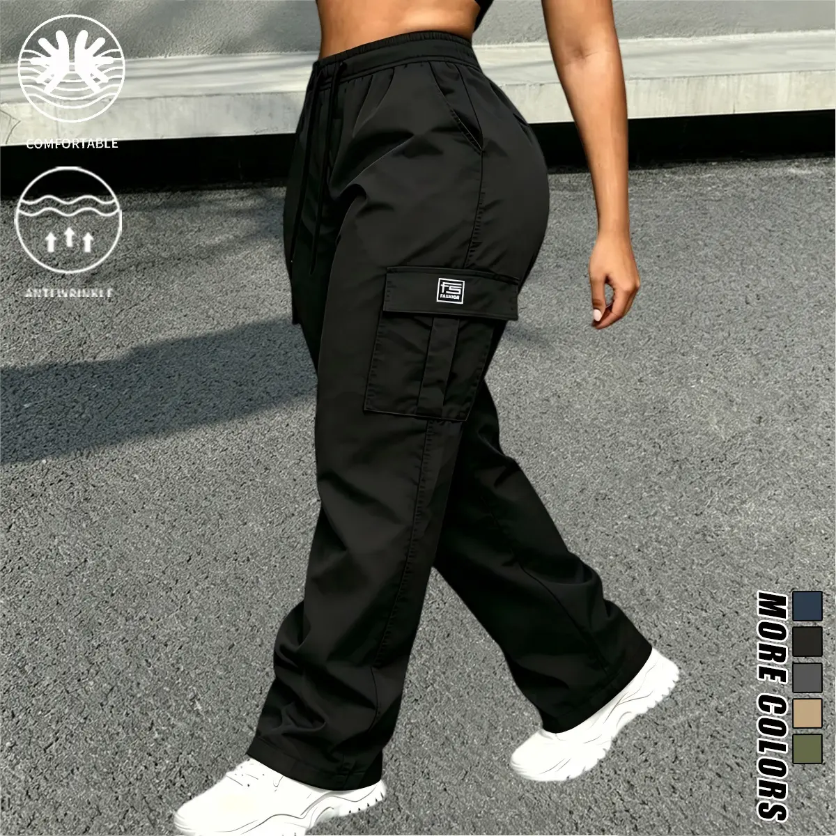 Women’s mid-rise wide-leg cargo pants featuring an adjustable elastic waistband with drawstring, flap cargo pockets with logo patch, deep side pockets; water-resistant, wrinkle-free, breathable, lightweight, durable polyester casual pants for hiking, stre
