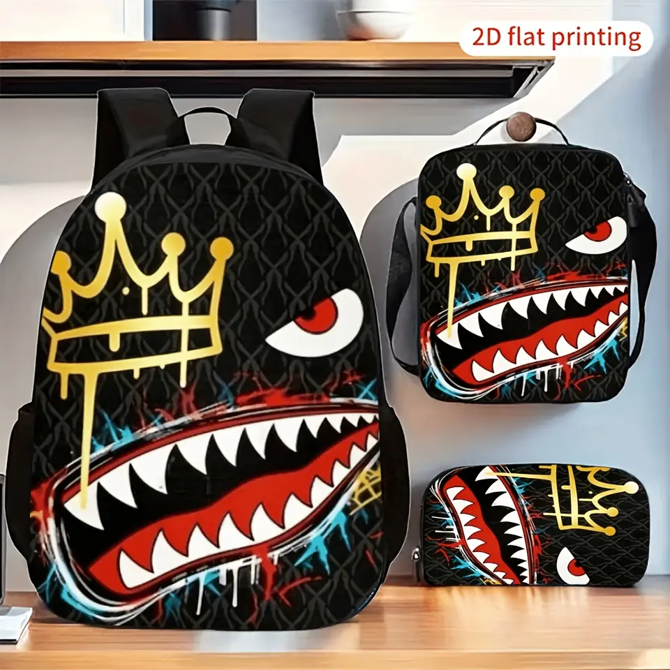 1pc-3pc Multi-Function Set Schoolbags & Backpacks Set Pack - Golden Crown & Print, Lightweight Zipper Closure, 2D Flat, Laptop 15.6" Compatible, Birthday Gift for Students, Travel Use, Adults, Shoulder Strap, Adjustable Shoulder Strap, Youth, 13 Cm Deep,,