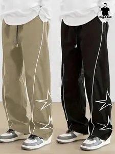 Plus Size Star Pattern Drawstring Waist Pants, Casual Comfy Pocket Design Wide Leg Trousers for Daily Wear, Men's Bottoms for All Seasons, Casual Streetwear Trousers
