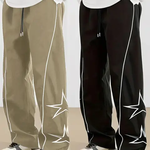 Plus Size Star Pattern Drawstring Waist Pants, Everyday Street Pants, Casual Comfy Pocket Design Wide Leg Trousers for Daily Wear, Men's Bottoms for All Seasons