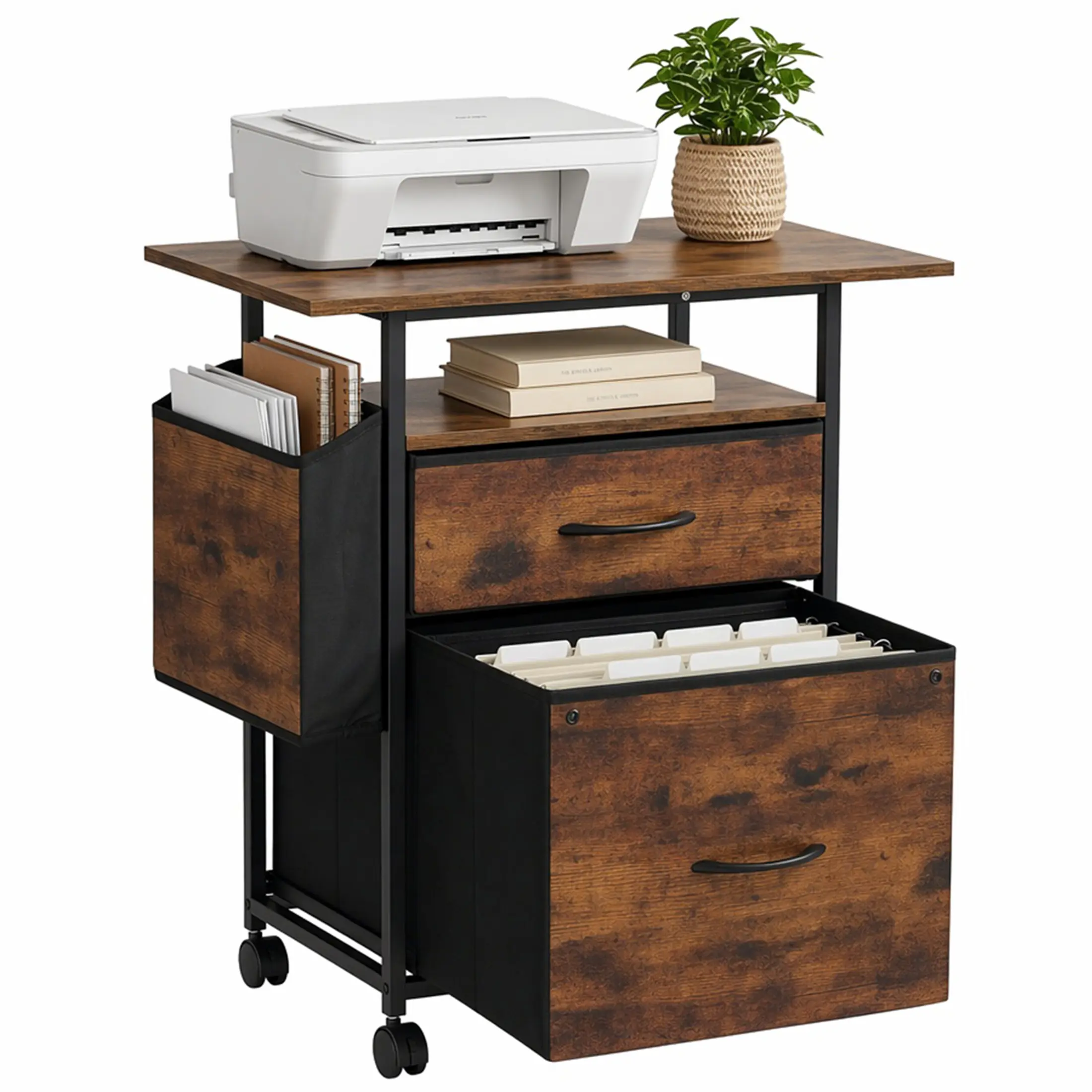 DUMOS Rolling File Cabinet with Drawers & Storage Shelf, Printer Stand Table Fits A4 Letter Size for Home Office, Rustic Brown/Black