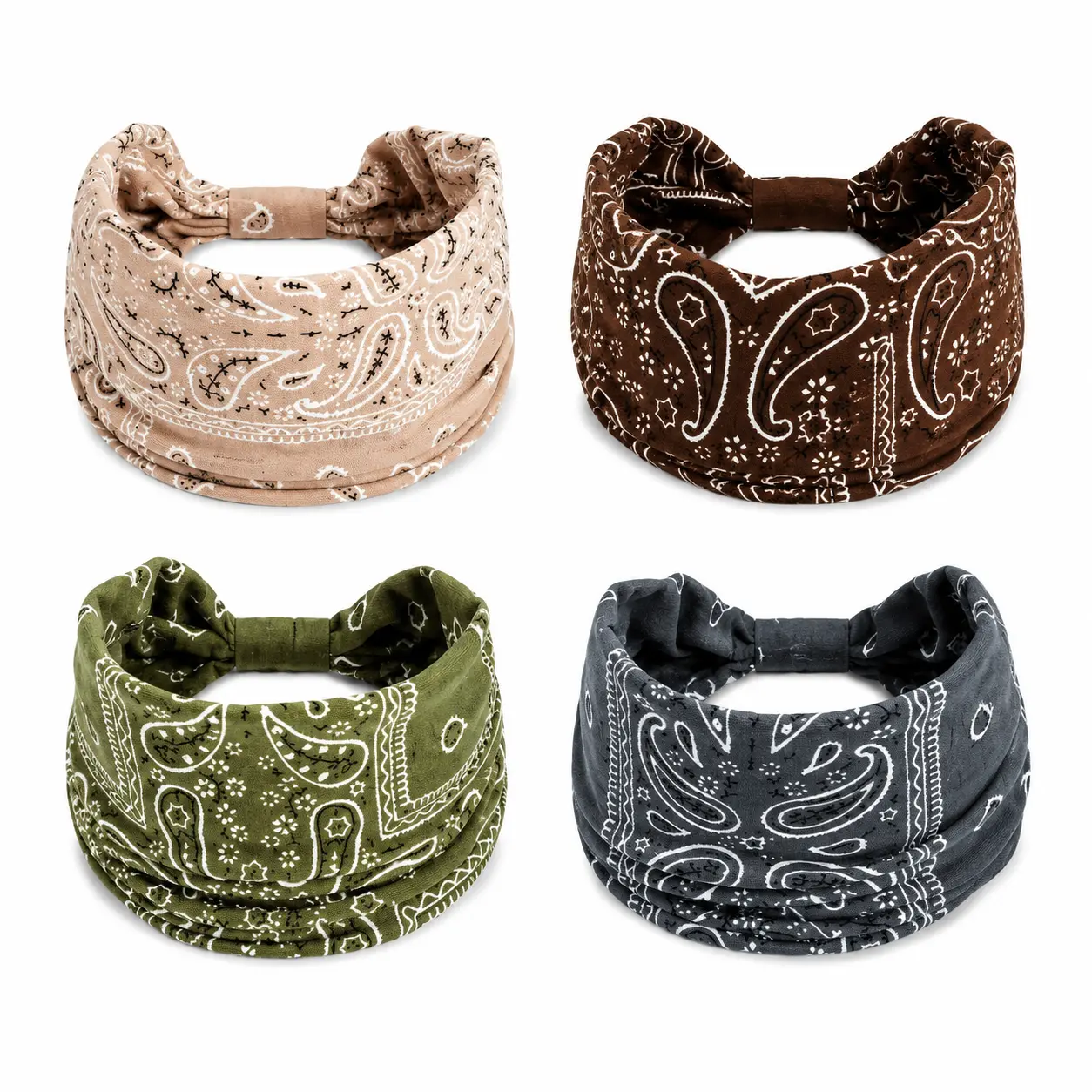 Women's 4-Pack Boho Paisley Print Wide Headbands - Elastic, Non-Slip, Cotton Blend Fabric Boho Twists Turban Hair Wraps, Decorative, 1 Size Fits All, Sister Gift for Adult Casual Daily Wear (Festive & Party Supplies), Messy Buns