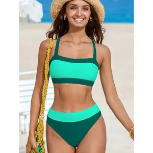 Women's Dark & Light Green Color Block Bikini Set, Square Neck Top with High Waist Bottom, Swimwear for Beach Vacation