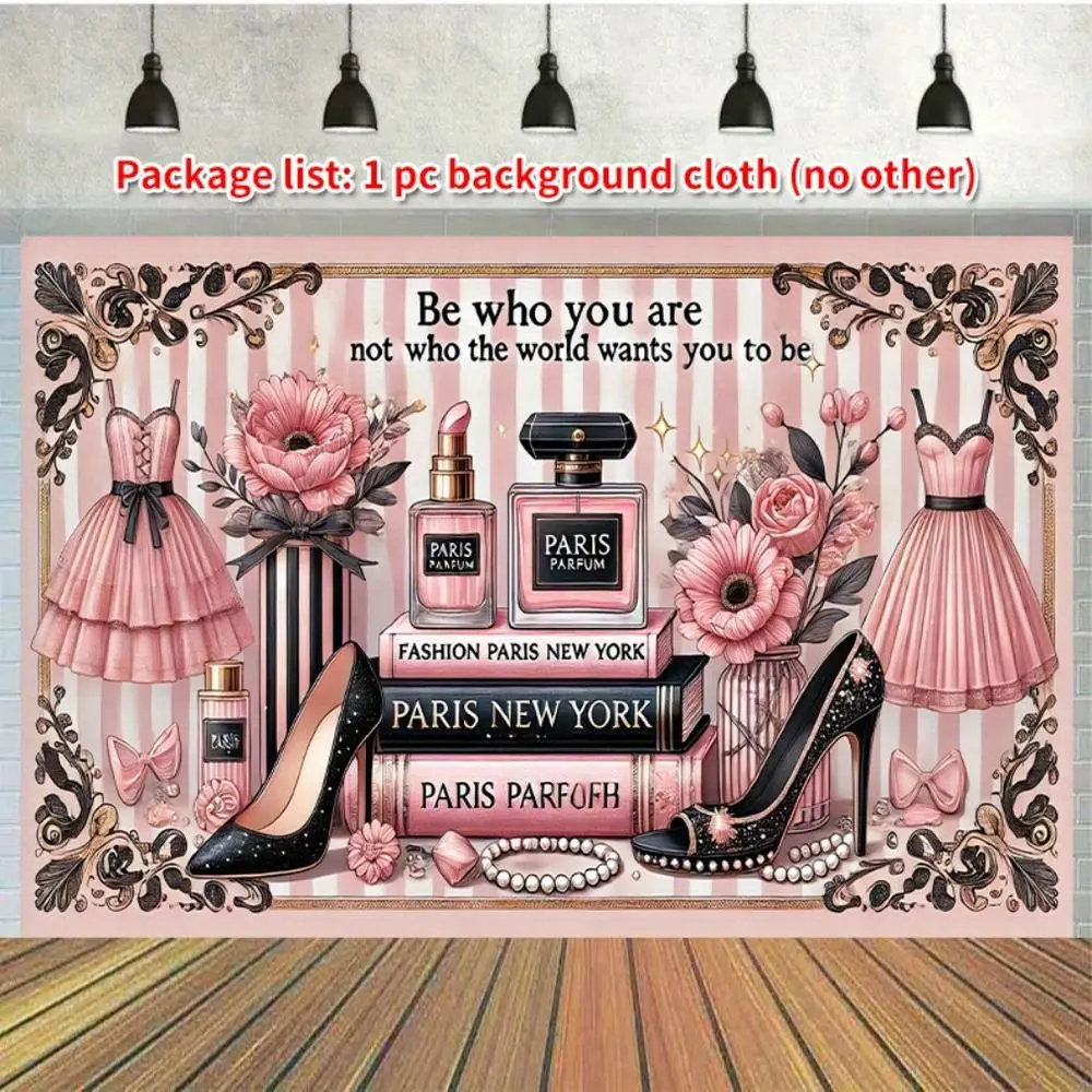Elegant Blush Pink Parisian Floral Cloth Wall Hanging Backdrop - High-Heels, Perfume Bottles, "Be Who You Are" Quote, 228.6x177.8cm Polyester Fabric, Wedding Party Decor, Birthday Party Decoration Supplies