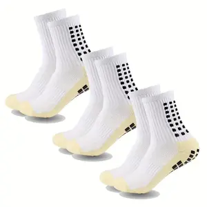 3 Pairs Teenagers Soccer Socks, Thick Terry Bottom Mid-Calf Non-Slip Grip Socks, Cotton Padded Anti-Skid Sports Socks