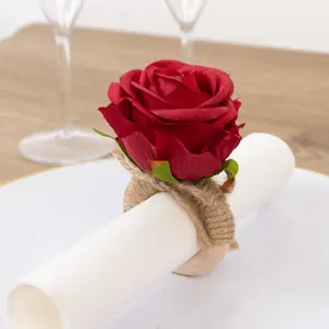 4 Pack Red Artificial Rose Flower Wooden Napkin Holders, Farmhouse Country Floral Napkin Rings - 4"