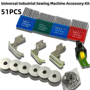 51pcs Industrial Sewing Machine Accessory Kit with Roller, Nt-18 P58n Tcr Presser Feet, 4pk Needles, 6 Bobbins, Case in Box Sewing Supplies