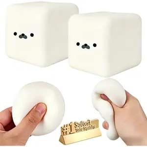 Cute Seal Face White Cube Tofu Squishies, Soft Moldable Slow-Rebound Fidgets Stress-Relief Toy, Silky Smooth Squeeze Ball for Anxiety Relief, Pumice Scouring Pad Cleaner Stones, Microfiber Squeegee Cloth