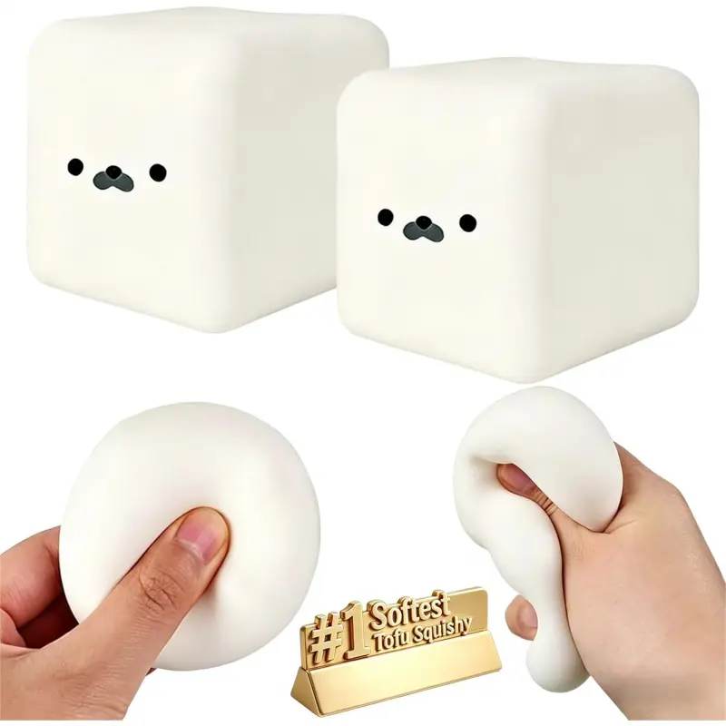 Cute Seal Face White Cube Tofu Squishies, Soft Moldable Slow-Rebound Fidgets Stress-Relief Toy, Silky Smooth Squeeze Ball for Anxiety Relief, Pumice Scouring Pad Cleaner Stones, Microfiber Squeegee Cloth
