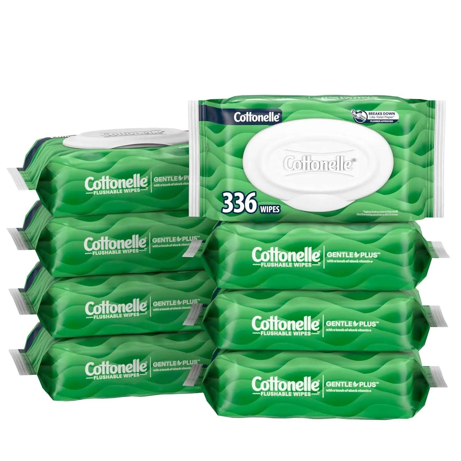 GentlePlus Flushable Wet Wipes with Aloe & Vitamin E, 8 Flip-Top Packs, 42 Wipes Per Pack (336 Total Wipes), Packaging May Vary