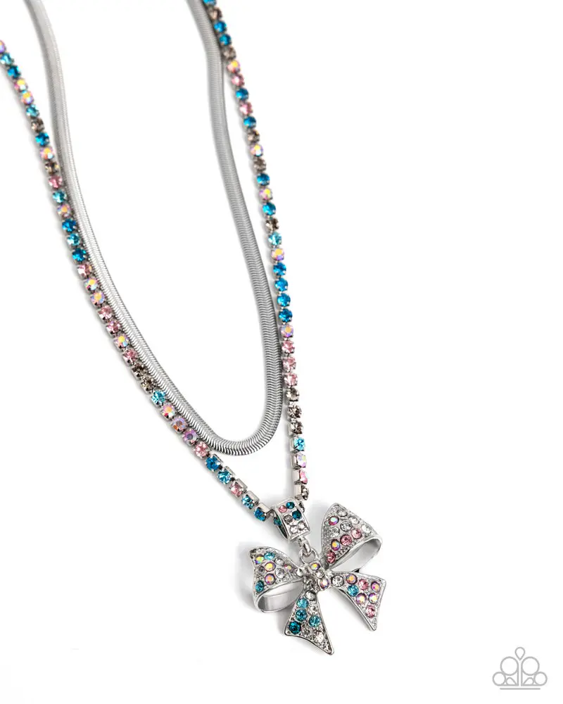 Cheerful Coquette - Multi Layered Necklace - Silver Herringbone Chain and Strand of Colorful Rhinestones with Silver Bow with Multicolor Rhinestone Pendant