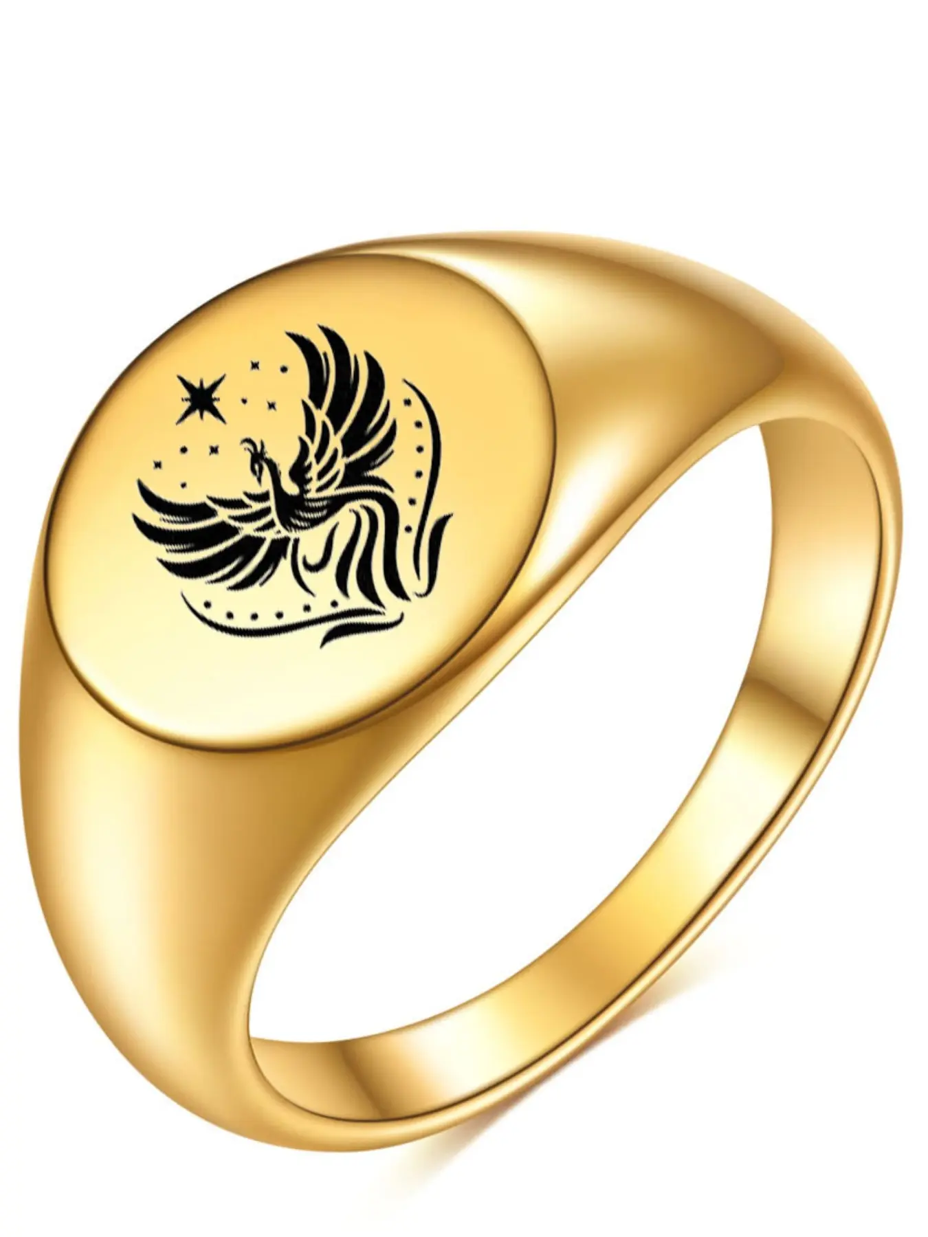 Stainless Steel Polished 12mm Round 18k Gold Laser Engraved Phoenix Ring, Elegant Jewelry for Men and Women, Unique Gift Idea