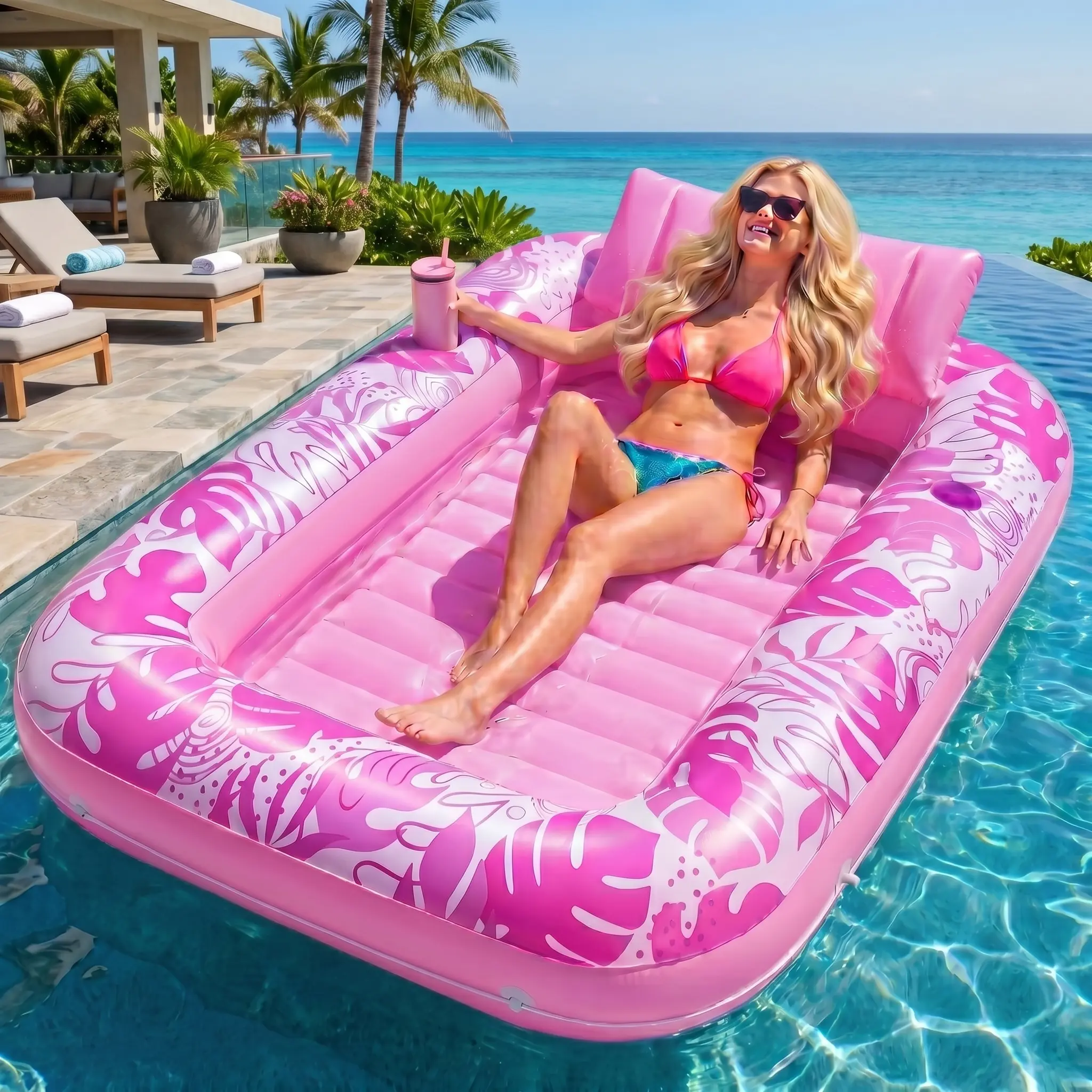 Inflatable Tanning Pool Lounge Float, 70"x46" Large Adult Pool Float with Pillow & Cup Holder, Water Lounge Raft ,4-in-1 Blow Up Sunbathing Bed for Summer Party & Kids Ball Pit SummerVibes
