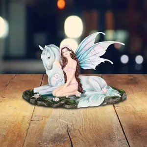 13.5"W Fairy with Unicorn Statue Fantasy Decoration Figurine