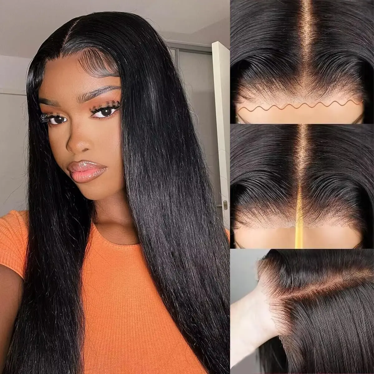 100% human hair Wigs Straight Lace Front Wigs Pre Plucked Pre Cut Straight Human Hair Wig 5x5 HD Lace Closure Wigs Human Hair Straight for Beginners Natural Black 180% Density