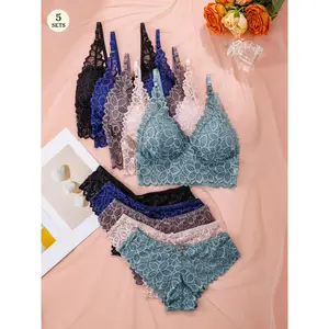 Velquin Women's Floral Lace Adjustable Strap Push Up Bra & Panty Set, Casual Comfy Breathable Bra & Knicker Set, Lingerie Set for Women, Bra Sets