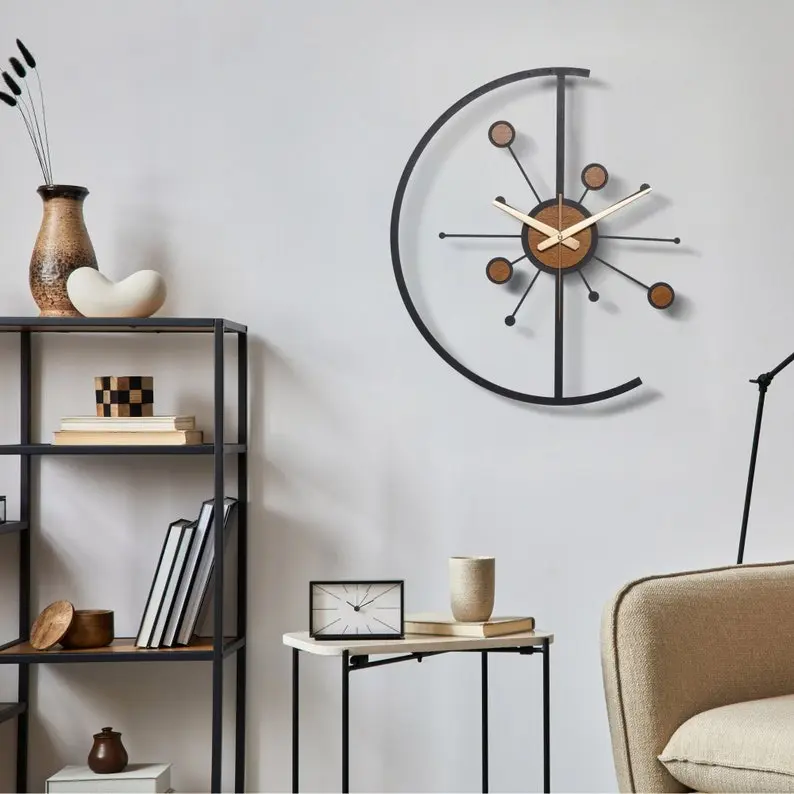 Atomic Wall Clock Wood, Mid Century Modern Wall Clock, Starburst Large Wall Clock, Wall Clock Unique, Wall Clock Farmhouse, Retro Wall Clock