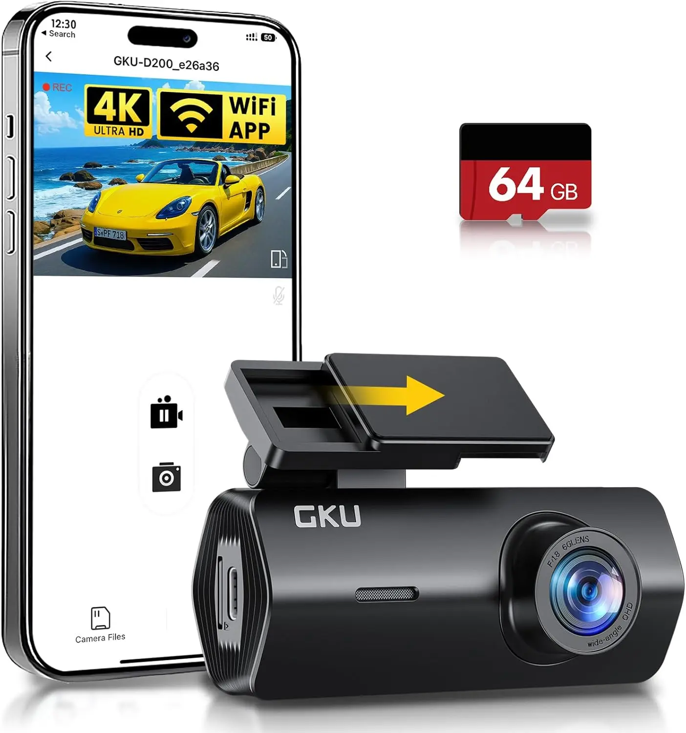 GKU 4K Dash Cam Front, Mini DashCam Includes 64GB Card, Dash Camera Built-in WiFi, 24H Parking Monitor,Night Vision,WDR,170° Wide Angle,Loop Recording,G-Sensor, (Black)(D200)