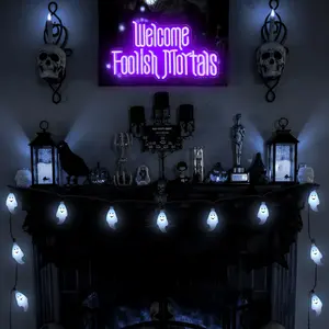 Welcome Foolish Mortals Neon Sign,Spooky Gothic Style,Haunted Mansion Coffin LED Sign,Halloween Goth,Halloween Wall Sign