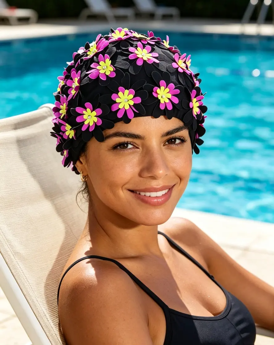 Women's Elastic Long Hair Swim Cap - Ear-Covering, Non-Constricting Fit, Handcrafted 3D Pearl-Flower Design, Hand-Stitched Double-Layer Fabric - Ideal for Swimming, Hot Springs