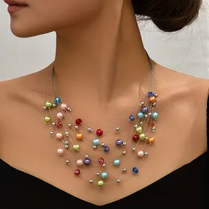 (Random arrangement of colored beads) Bohemian style colorful imitation pearls mixed with multi-layer temperament necklace for women, exquisite handmade necklace, multi-layer stacked fashion necklace