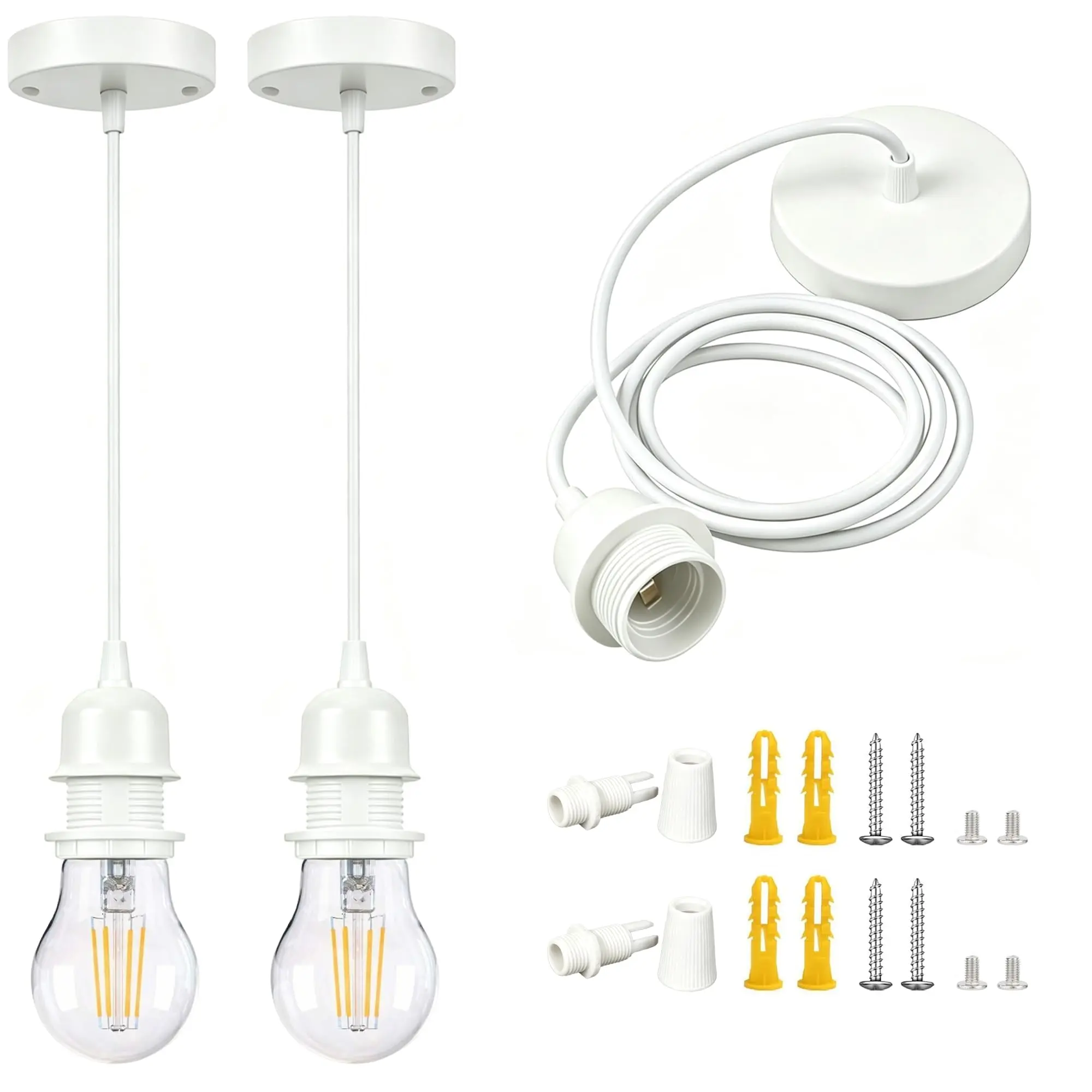 [UL Listed]White  Pendant Light Kit Industrial, 2PCS E26 Lamp Socket Adjustable Hanging Pendant Light, Vintage Edison Pendant Light Cord Fixture, Retro Ceiling Lamp Kit for Kitchen Island Hallway