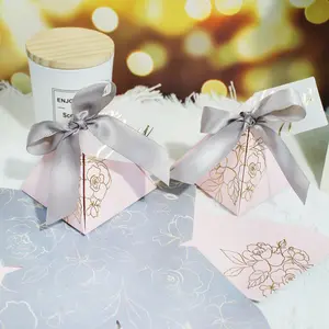 10/20pcs Floral Thank You Pyramid Gift Boxes with Satin Ribbon Bow, Elegant Foil Flower Party Favor Boxes for Wedding, Bridal Shower, Birthday, Baby Shower, Anniversary, Christmas, Graduation Candy Treat Packaging Supplies, Gift Wrapping Supplies