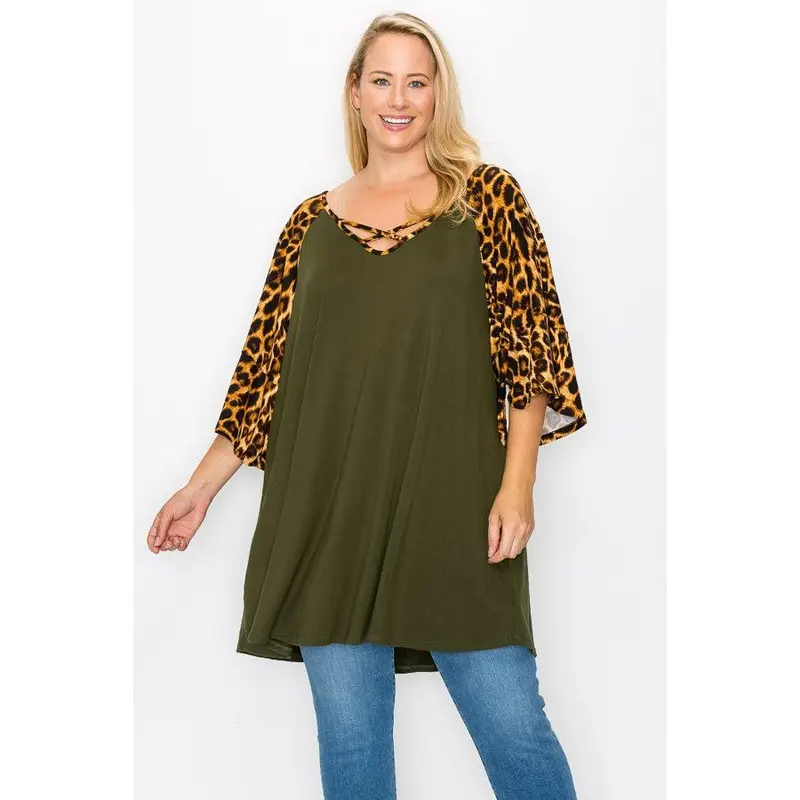 PSFU Olive Green Leopard Sleeves and X Neck Shirt Top