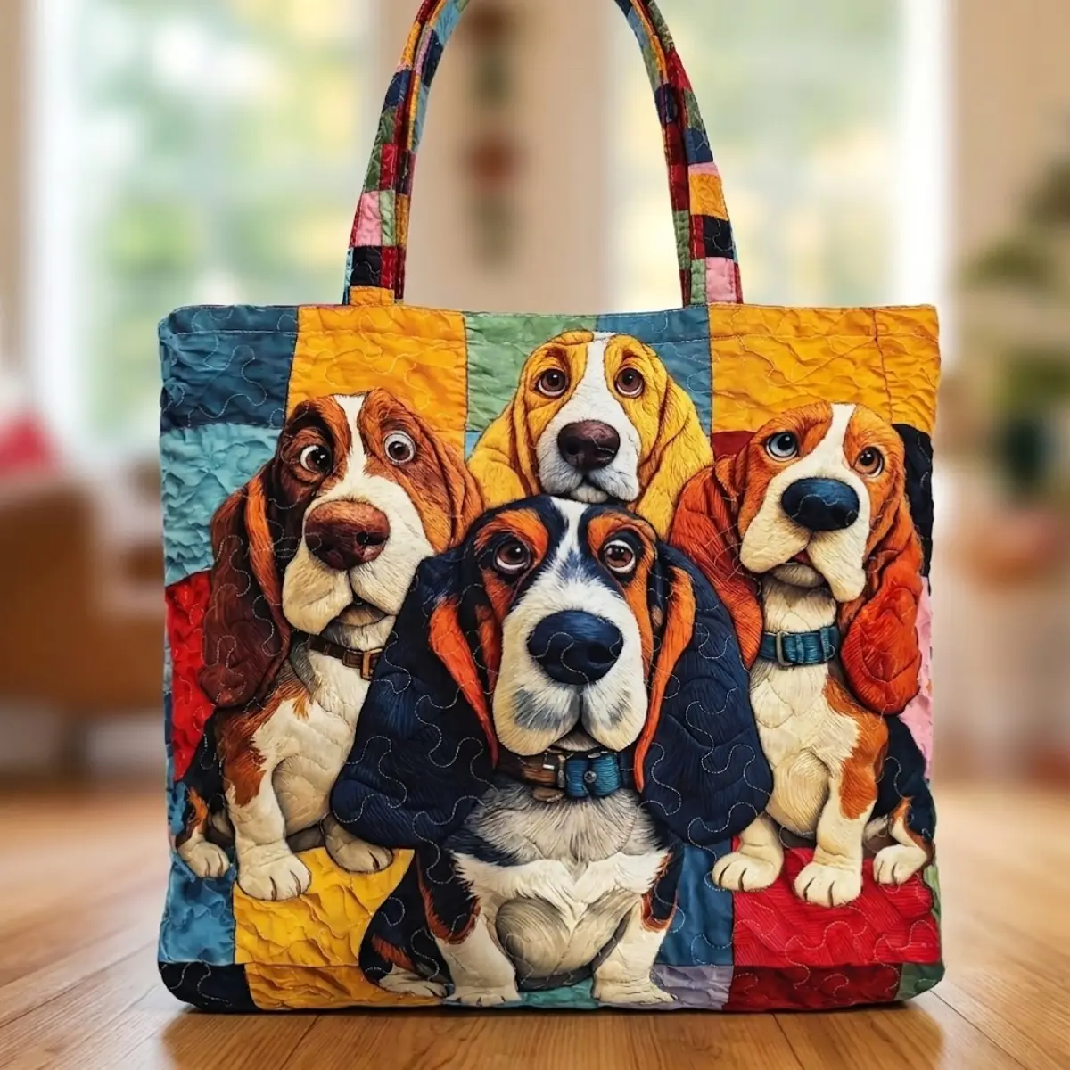 Women's Patchwork Quilted Basset Hound Canvas Tote Bag - Cute Basset Hound Design, High-Capacity Gym Tote with Inner Pocket, Travel Work Beach Bag Gift for Dog Lovers