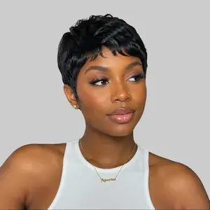 Women's Short Pixie Cut Human Hair Wig - Machine-Made Glueless Wig for Daily Fashion Accessories Use, Wigs