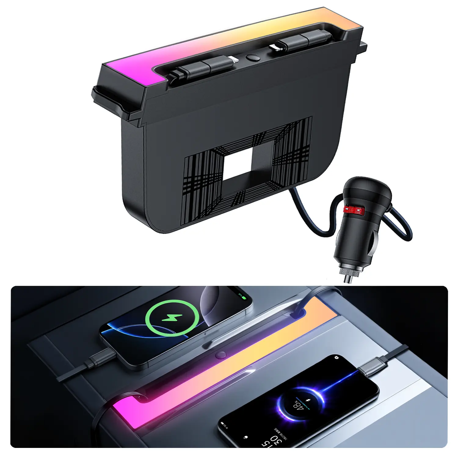 USB Hub for Tesla Model Y Juniper 2025 2026 & Model 3 Highland 2024-2025 Accessories, 120W Fast Charging with Retractable Cable, 2-Port Docking Built in RGB Ambient Light fit Tesla Center Console