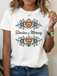 Women's Bohemian Czech Moravian Letter Print T-Shi