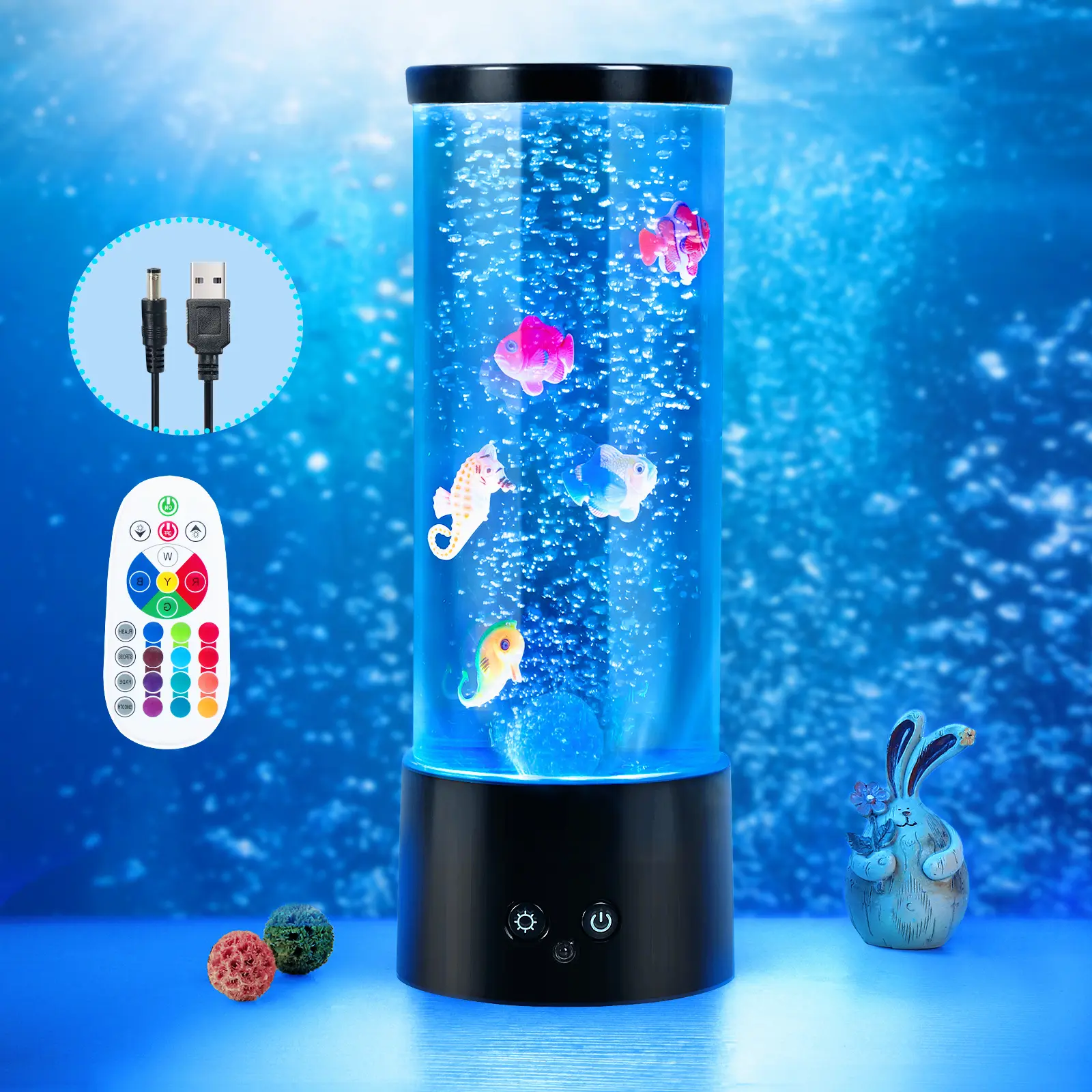 12-in USB Bubble Fish Aquarium Lamp with Remote Control - RGB Color-Changing LED Lighting, 4 Modes, Stress Reduction Sensory Product for Bedside, Festival Decoration (Home & Party Supplies Gift)