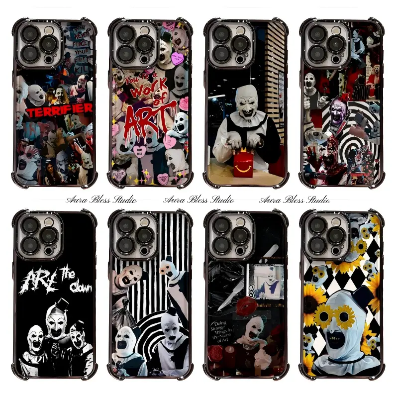 Trendy Hot Terrifier Art the Clown Phone Cases For iPhone 17 Promax Air 16 15 14 Pro Max Plus 13 12 11 Black Transparent Electroplate TPU Shockproof Protective Cover Gifts For Birthday Valentine Christmas Thanksgiving Halloween