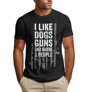 "I Like Dogs, Guns & Maybe 3 People" Graphic Tee – Funny Men's T-Shirt with Bold Print, Soft Cotton Streetwear, Best Gift for Dog Lovers & Gun Fans – Viral TikTok Trend, USA Flag, Patriotic, Everyday Casual