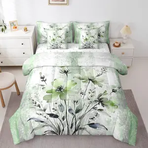 Abstract Oil Painting Print Comforter Set,7 Pcs Rustic Farmhouse Bedding,Green Autumn Floral Ombre Turquoise Teal Gray Sheets Set
