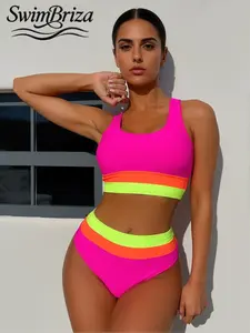 Briza｜Scoop Neck High Waisted Bikini Sets In Neon Pink Orange Chartreuse Sour Stripe Bikini Color Block, Two-Piece Swimsuit For Women And Bathing Suit Women Set With Tummy Control Swimwear For Vacation Swimwear For Women