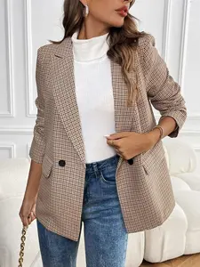 Women's Gingham Print Button Pocket Trendy Blazer Casual Long Sleeve Work Office Jacket Spring Fall