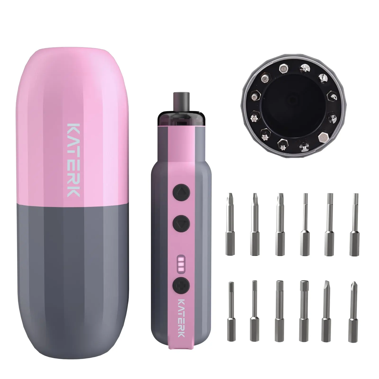Katerk 4V Cordless Lithium-Ion Electric Screwdriver Set - Adjustable Speed, 3 Torque Settings, 12 Steel Bits, 1500mAh Rechargeable Battery, LED Light - Portable Power Tool for Furniture Assembly, DIY