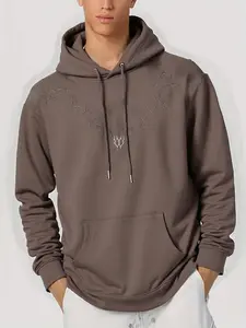 Men's Fall Winter Heavyweight Suede Hooded Long Sleeve Sweatshirt, Thorns Embroidery Design, Loose Fit Casual Style, Trendy Streetwear Outerwear