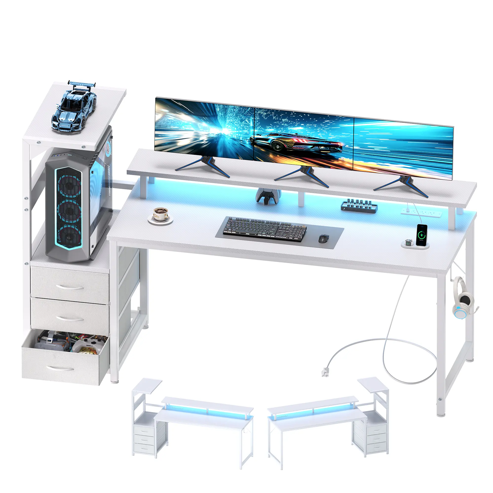 Modern L-Shaped Wood-Metal Gaming Desk for Adults - Reversible Setup, RGB LEDs, Shelves, Fabric Drawers, Power Outlets, PC Stand, Cable Management, Black Office Desk, Gamer Stuff, Man Cave Furniture, Dual Monitor Streaming
