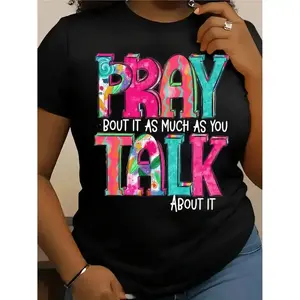 Pray Bout It As Much As You Talk About It T Shirt Christian Faith Tee Religious Gift for Women Floral Jesus Lover Casual Daily Wear