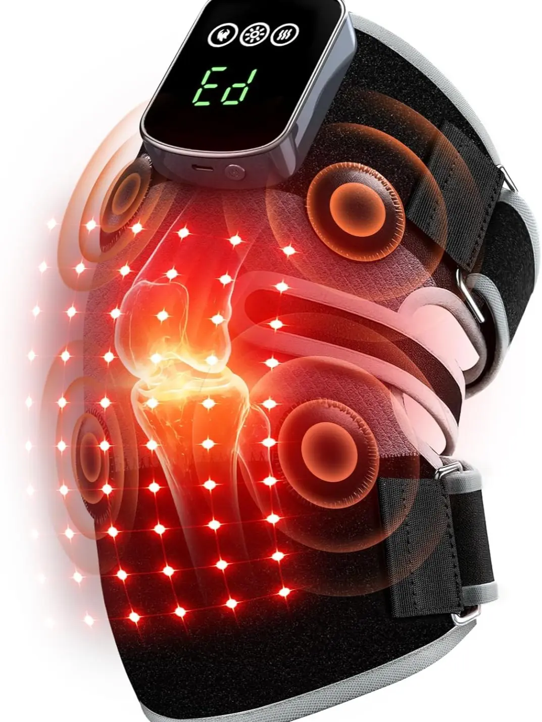 3-in-1 Red Light Therapy Knee Brace, 240 LEDs 660nm & 850nm Infrared Light Therapy, Cordless Heated Knee Massager with 4-Zone Vibration, 5000mAh Rechargeable Knee Wrap for Seniors & Athletes