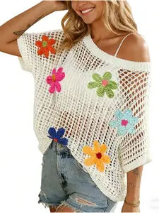 Women's Summer Crochet Floral Short Sleeve Pullover Knit Shirt, Boho Style Loose Fitting Beach Cover-Up for Trendy