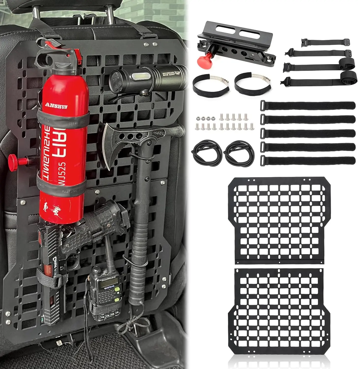 MAIKER Rigid MOLLE Panels for Vehicles - Aluminum Alloy Frame Universal Automotive Accessories, Seat Backs Rear Cargo Organizer Stowing & Tidying, Fire Extinguisher Mount, Hook-and-Loop Fasteners, Elastic Rope, Strong Bearing, Wear/Fatigue Resistance